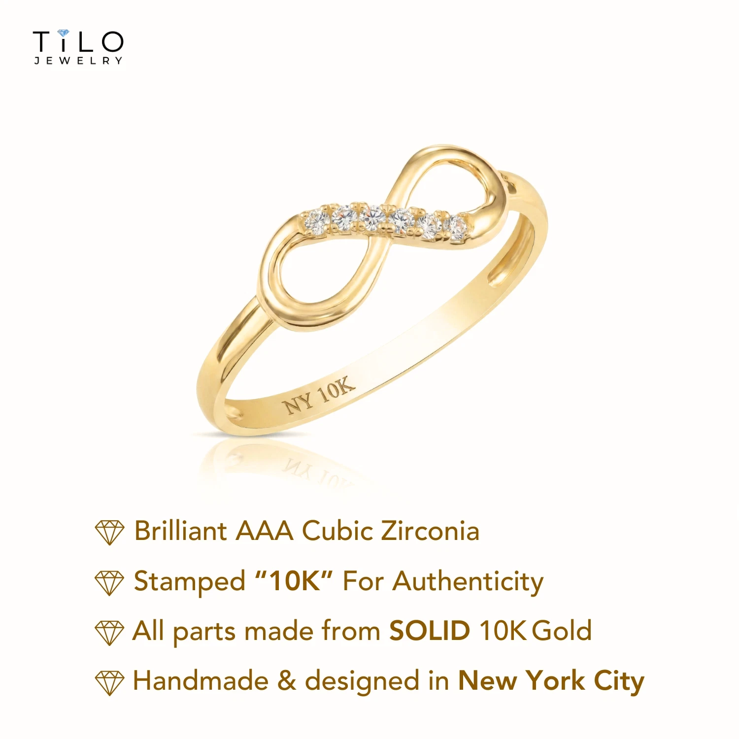 Tilo Jewelry 10K Yellow Gold Infinity Loop Ring with Cubic Zirconia CZ Stones | Size 8 | Women & Unisex