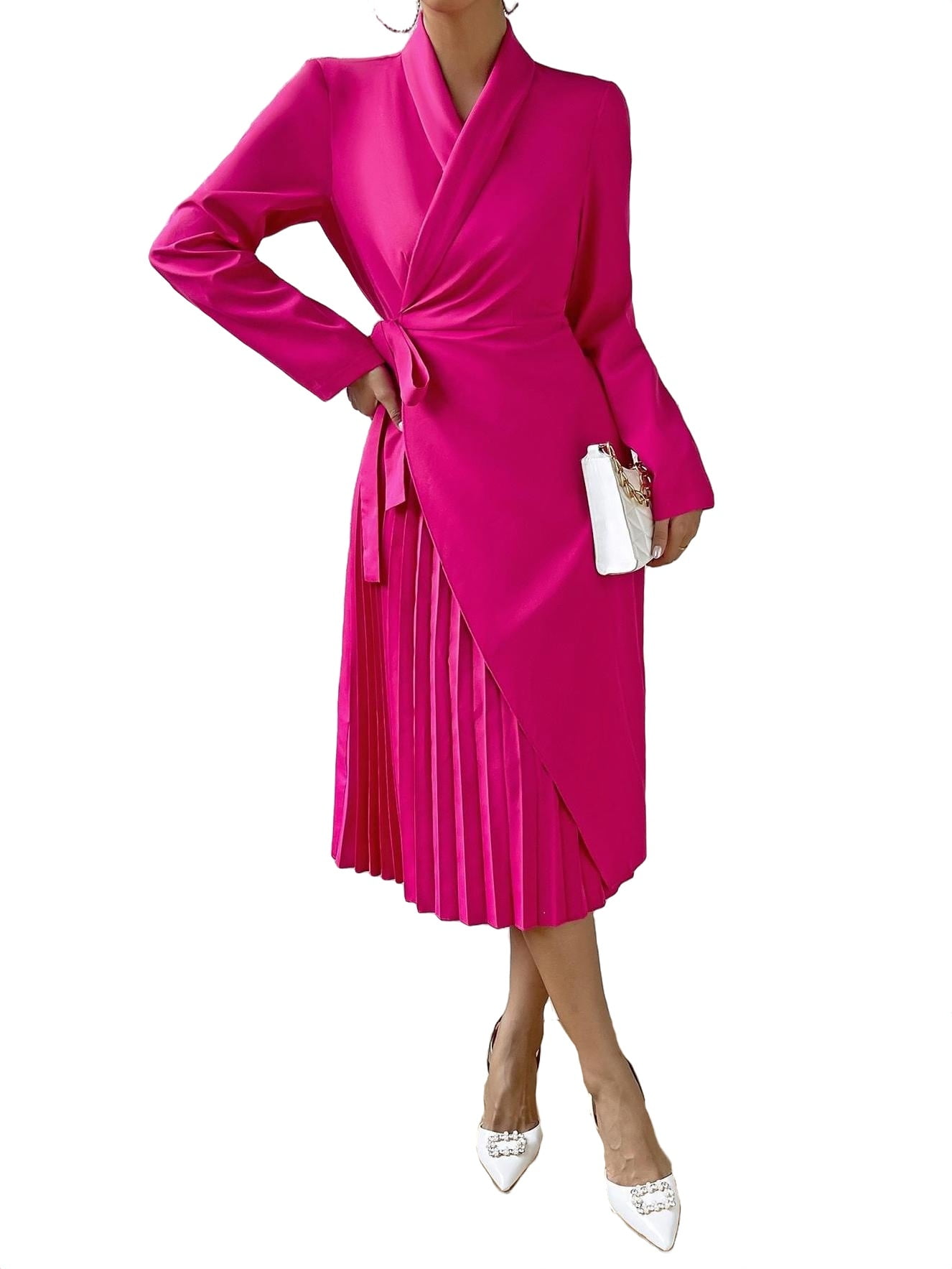 Elegant Plain Shawl Collar A Line Long Sleeve Hot Pink Women Dresses