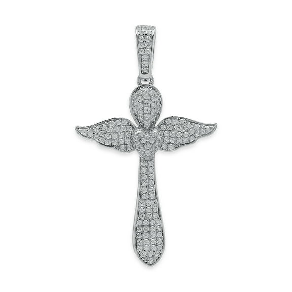Silver Angel Winged Cross with Heart Pendant - Cubic Zirconia Stones - 925 Sterling Silver - Cross Pendant