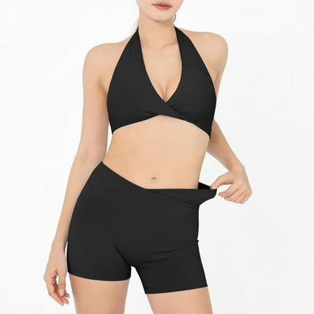 2 Piece Women s Workout Set  Neck Yoga Sports Bra Set  V Shorts with Neck Sports BraBlack l