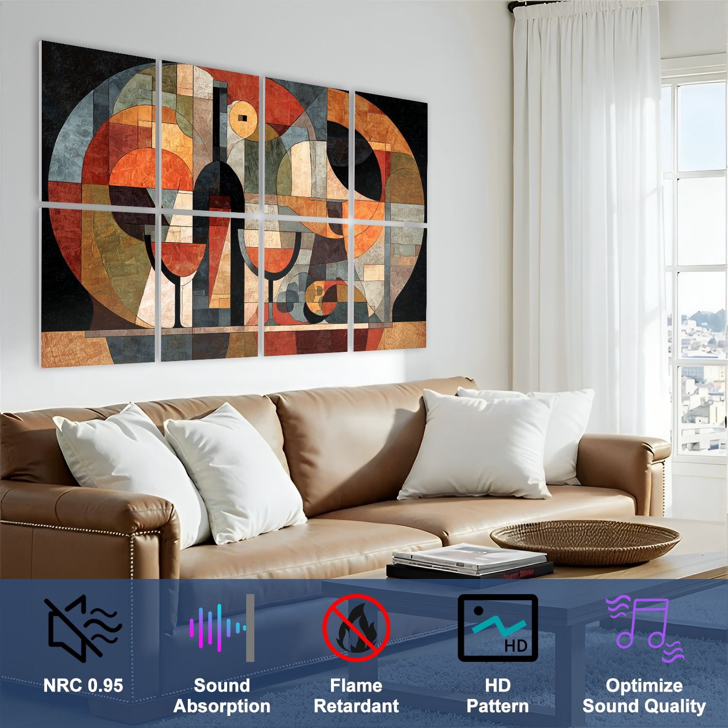 8 Pack Art Acoustic Panels Wine Glass Still Life Abstract Bar Wine Bottle Two Wine Glasses Self Adhesive Sound Absorbing Panels for Home Office Studio Media Room 48"x32"