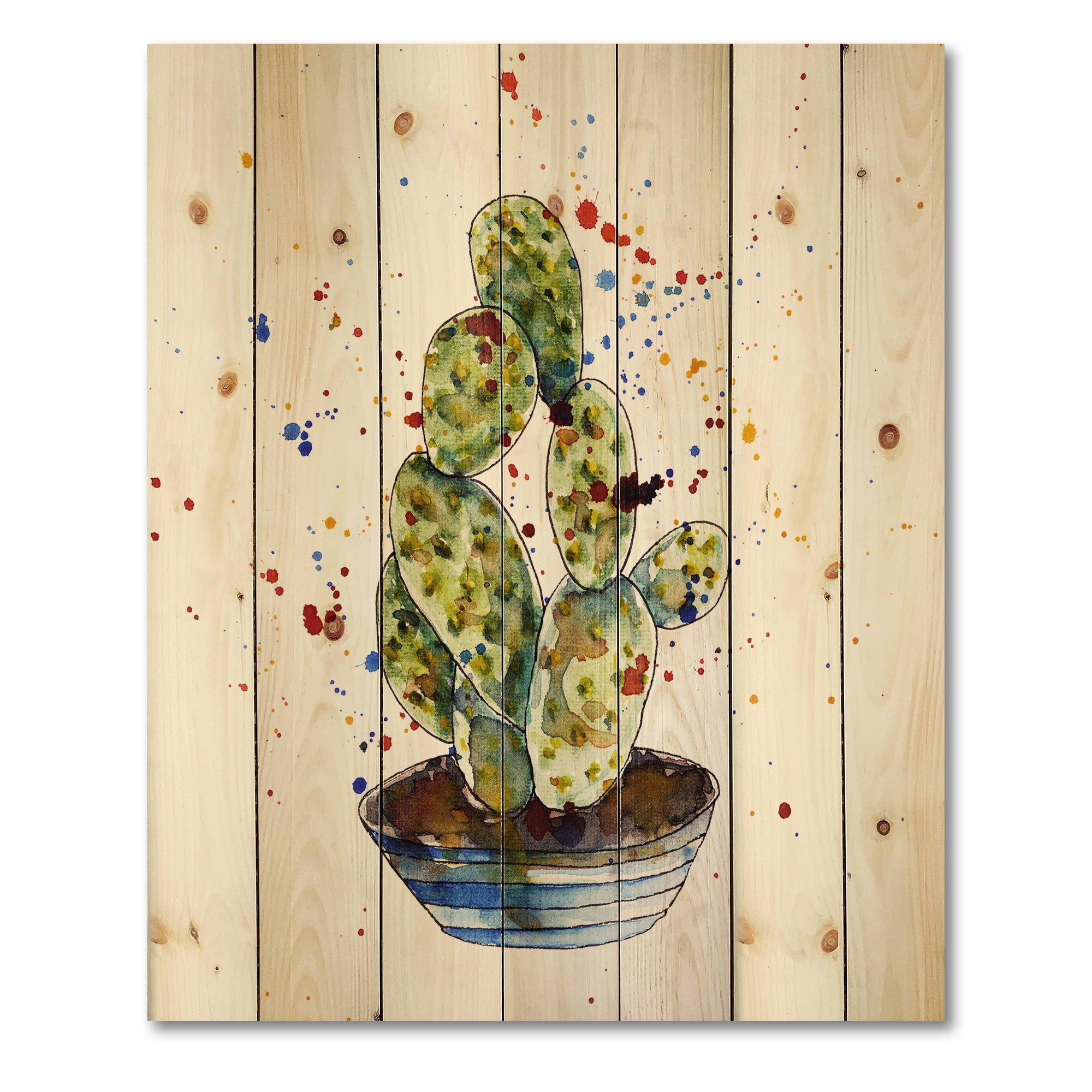 Designart 'Abstract Cactus Houseplant' Botanical Print on Natural Pine Wood