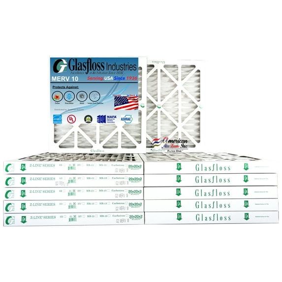 Glasfloss Air Filter 20x20x2 - 2" MERV 10 - (Pack of 12) - Pleated AC or HVAC Air Filter - Furnace Air Filter - Home or Office - Made In The USA.