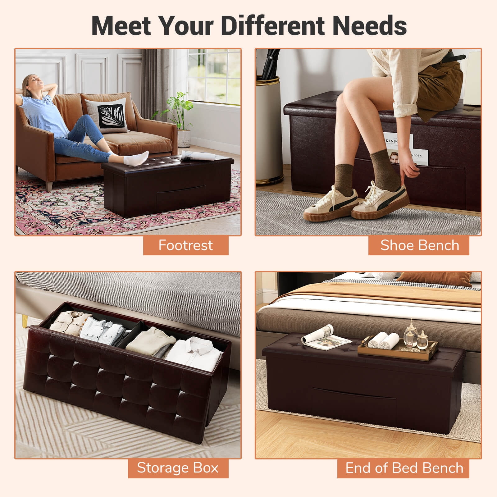 Costway 43''x15''x15'' Large Folding Storage Faux Leather Ottoman Pouffe Box Stool Brown
