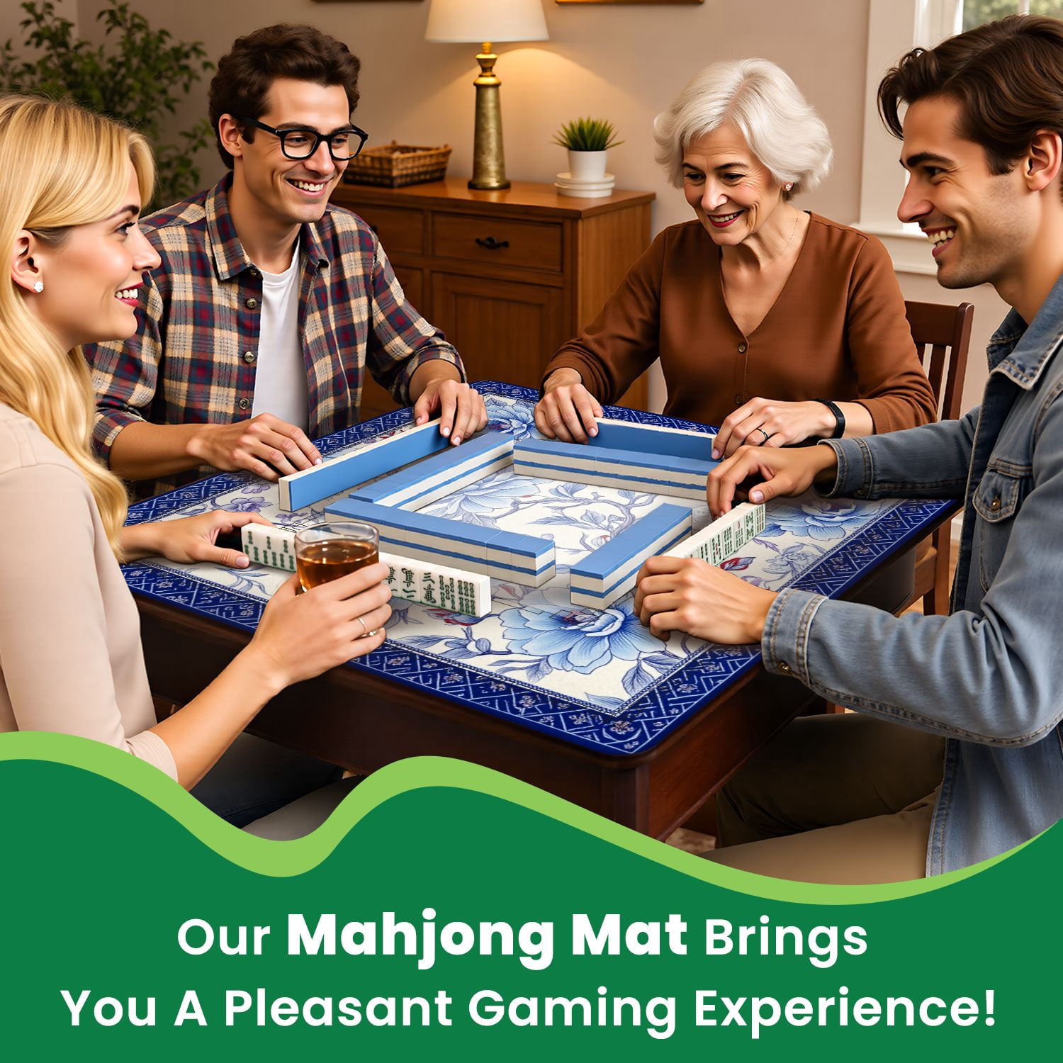 Mahjong Mat 31.5" x 31.5" Elegant Blue Floral Decorative Border Cream Non-Slip Noise Reduction American Mahjong Tiles Table Cover for Dominoes Poker Card Board Games Gift