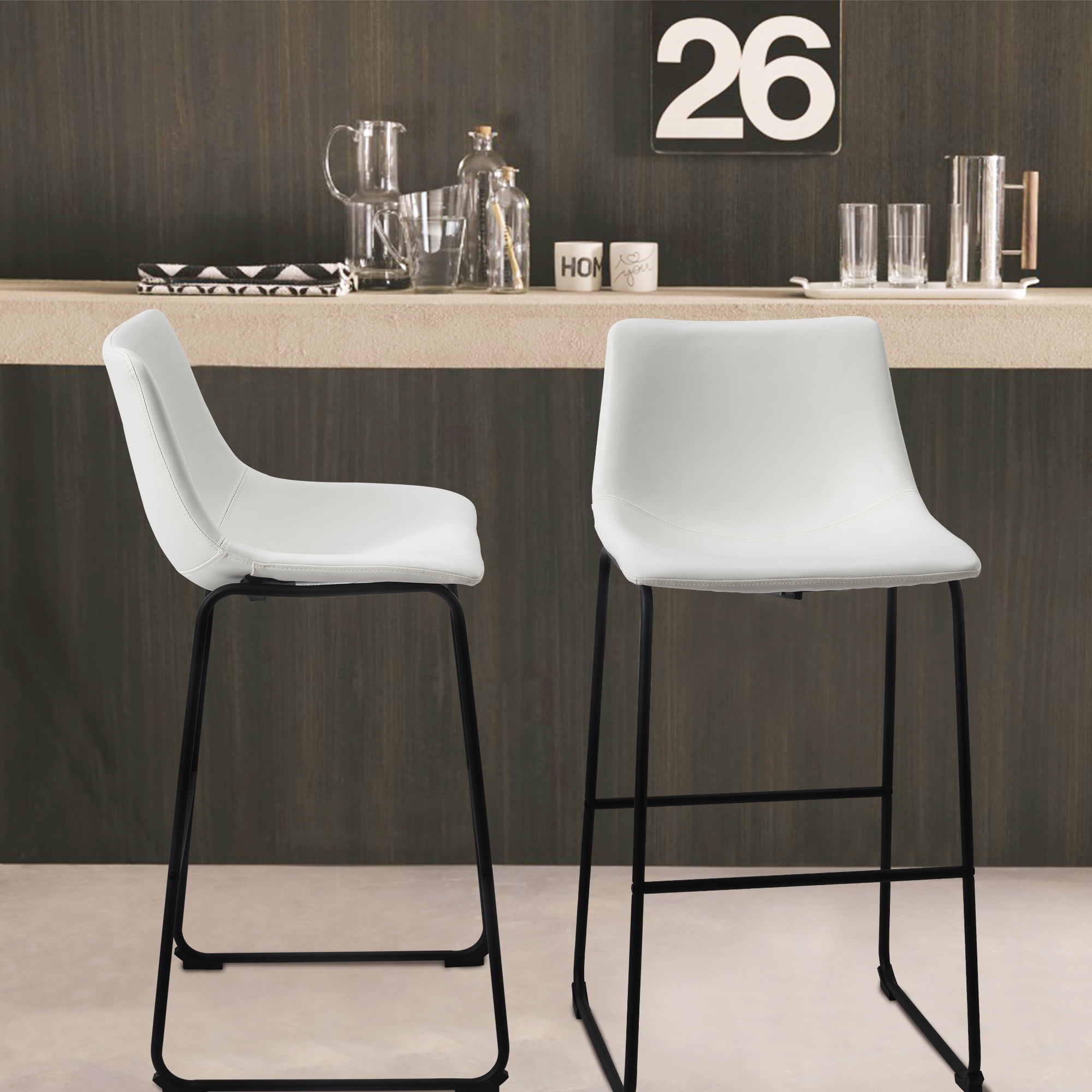 Set of 2 Fabric Bar Stools Low Back Counter Height Bar Stool with Leather Pub Chairs Height 39" White