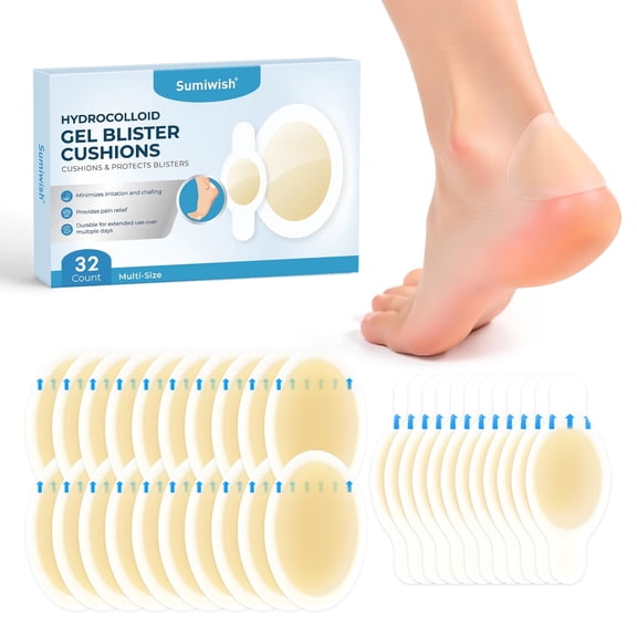 Sumiwish Hydrocolloid Blister Bandages for Feet - Extra Cushioning for Foot, Toe, & Heel Protection - Ideal for Blister Prevention & Recovery - Water Resistant Bandages (32 Count, Variety Pack)