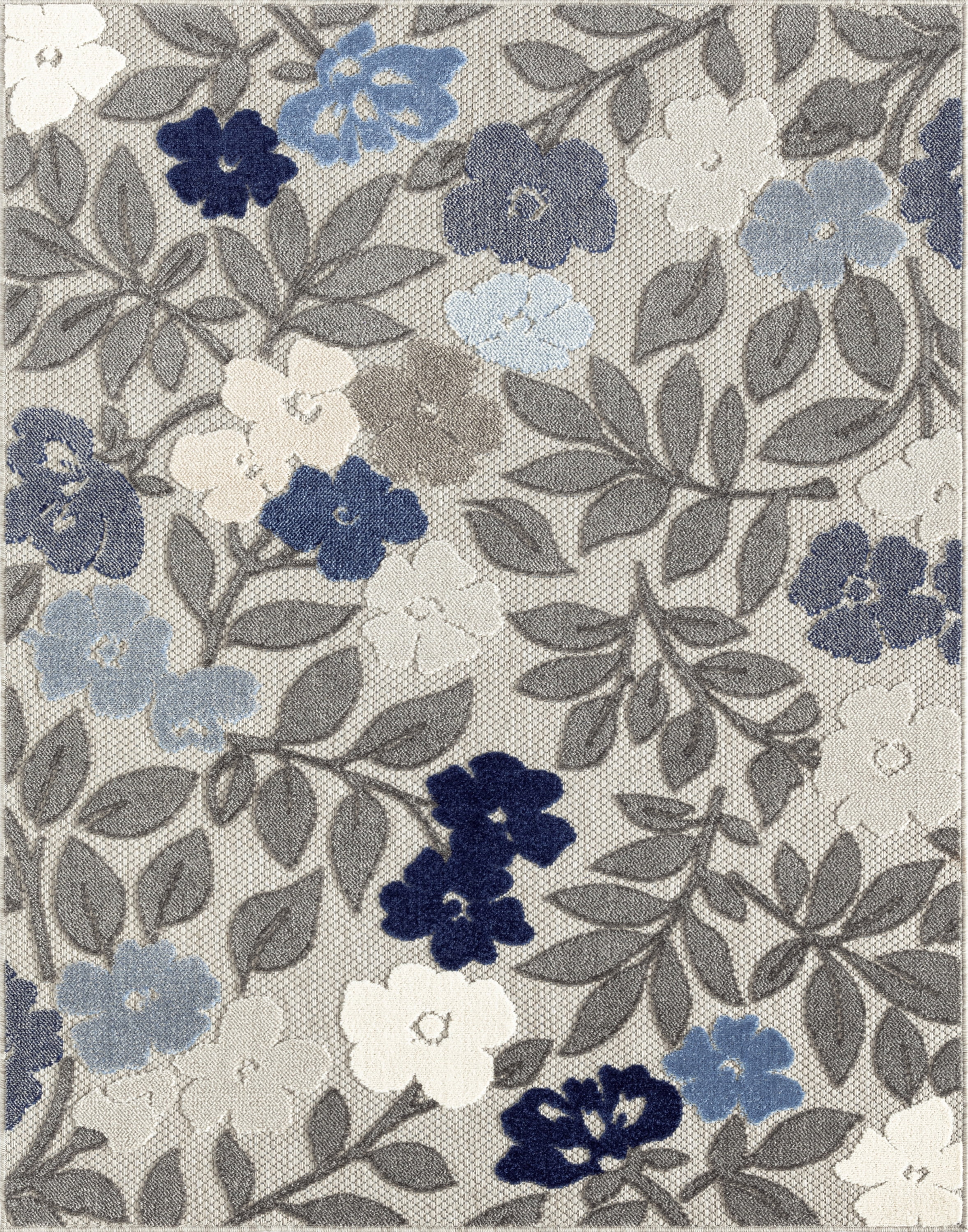 Oasis Modern Floral Blue and Cream Polypropylene Indoor Outdoor Area Rug, 5'x7' Rectangle