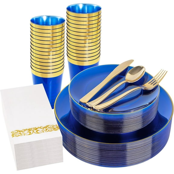 75 Silverware, 25 C  s, 25 Napkins for Wedding & Party | 175PCS Clear Blue Plastic Plates - Blue and Gold Disposable Plates Include 50 Plate