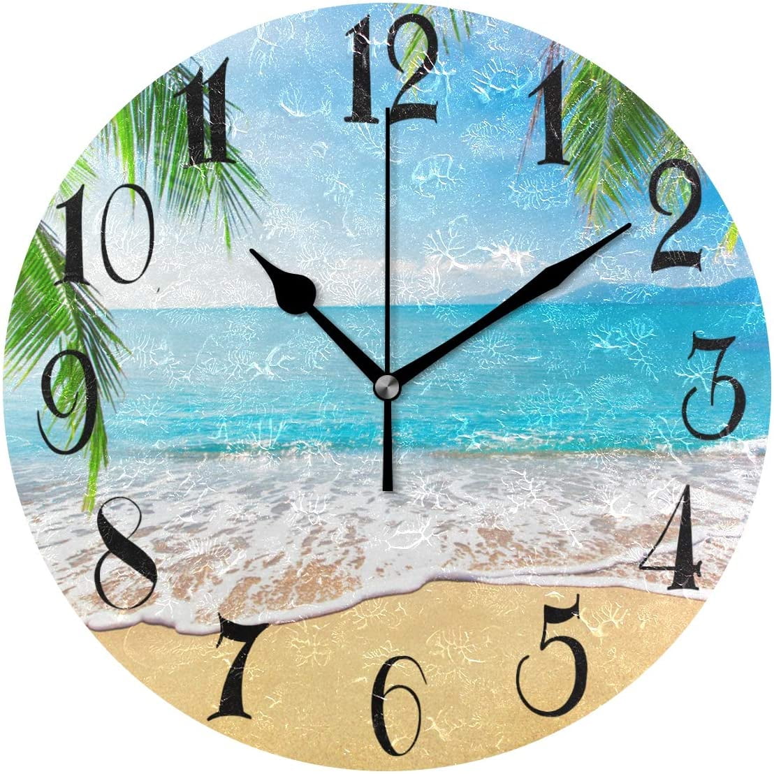 Palm Trees Hawaiian Tropical Seashore Beach Clock Wooden Painted Silent Non Ticking Round Wall Clock Palm Trees Hawaiian Tropical Seashore Beach Clock Wooden Painted Silent Non Ticking Round Wall Clock