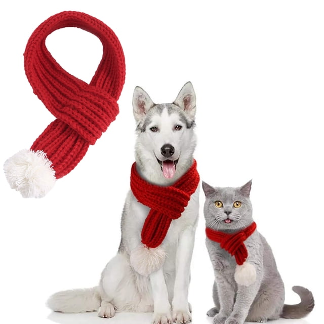 Bufanda de punto para perros con pompón blanco, bandana cálida, accesorios para mascotas para vacaciones de invierno, bufandas para gatos (rojo)