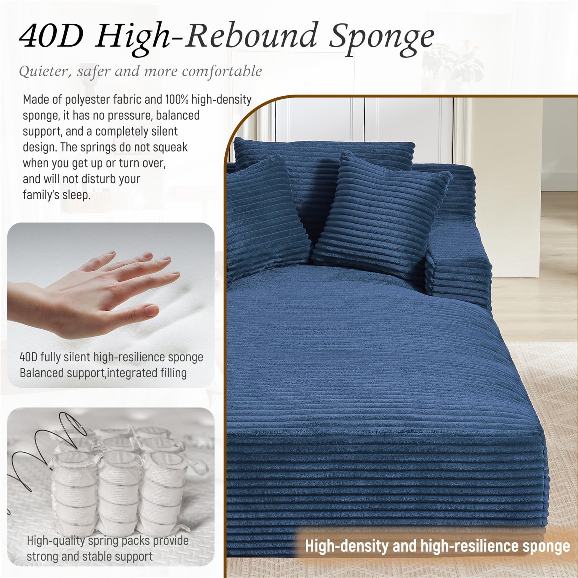 Aukfa Chaise Lounge Oversized Indoor Chair Boneless Couch for Living Room, 3Pillows, Blue