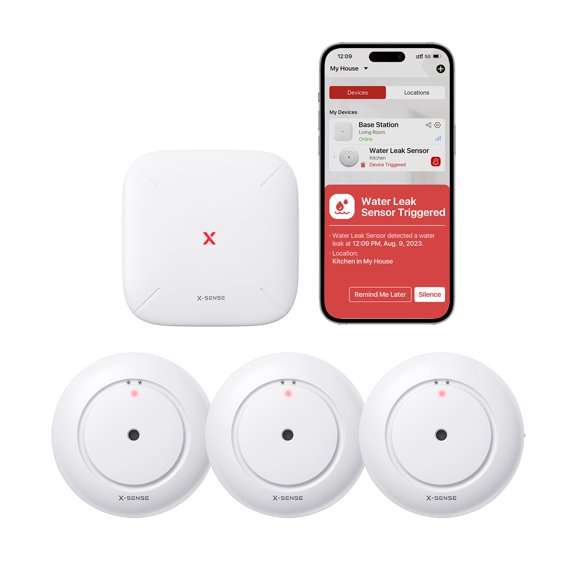 X-Sense Wi-Fi Water Leak Detector, Water Detector Alarm with 1700 ft Transmission Range for Kitchens, Basements, Bathrooms, 3 Detectors & 1 Base Station