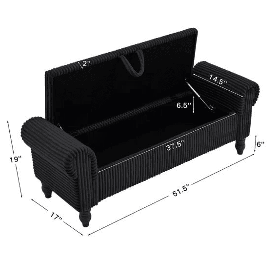 Corduroy Storage Ottoman Bench with Lid, Upholstered End-of-Bed Footrest, Black