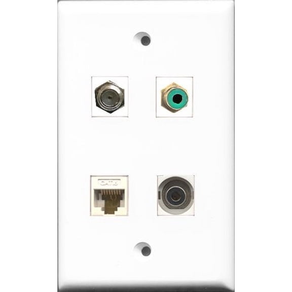 RiteAV 1 Port RCA Green and 1 Port Coax Cable TV- F-Type and 1 Port 3.5mm and 1 Port Cat6 Ethernet White Wall Plate