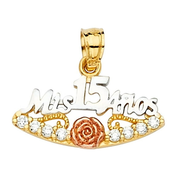 Ioka - 14K Tri Color Gold Miss 15 Anos 15 Years Quinceanera CZ Charm Pendant For Necklace or Chain