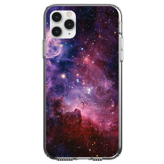 DistinctInk Clear Shockproof Hybrid Case for iPhone 11 Pro (5.8" Screen) - TPU Bumper, Acrylic Back, Tempered Glass Screen Protector - Purple Pink Carina Nebula - Show Your Love of Astronomy