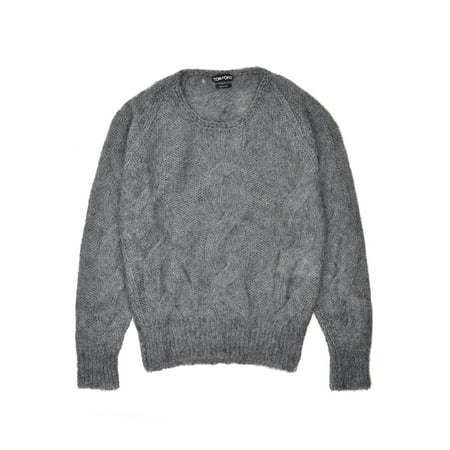 Mohair Cable - Tom Ford Mens Grey Mohair Silk Crewneck Cable Knit Sweater
