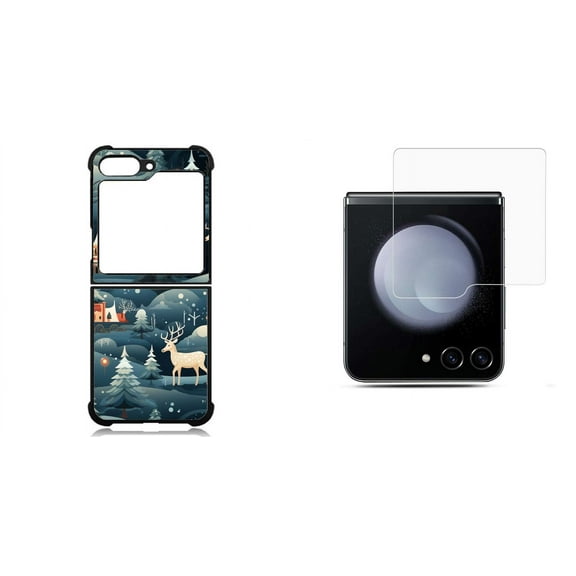 Bemz Phone Case for Samsung Galaxy Z Flip 5 with Tempered Glass Screen Protector, Slim Shockproof Scratch Resistant Protective TPU Cover (Reindeer Snow)