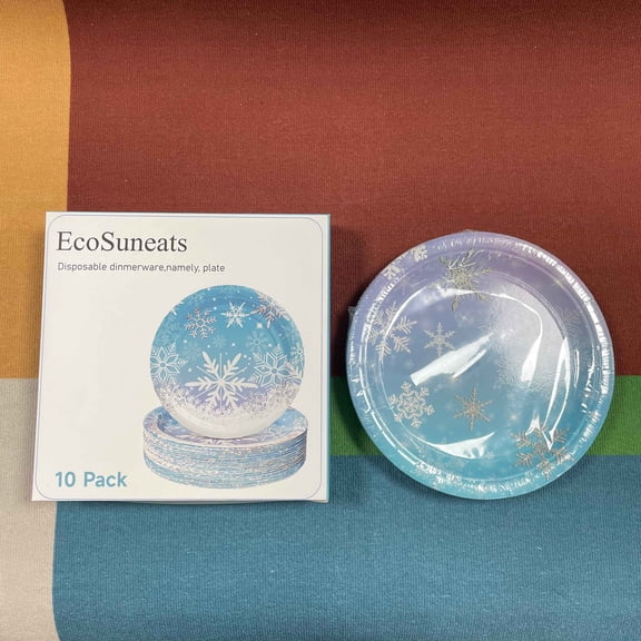 EcoSuneats Disposable dinnerware, namely, plate, 7 Inch Winter Snowflake Theme Disposable Round Plate for Christmas Xmas Winter Wonderland Frozen-theme Party Supplies - 10 pack