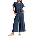 thumbnail image 1 of Conjunto de pantalón ancho y camiseta de manga corta azul marino para mujer: estilo veraniego con volantes elegantes, 1 of 4