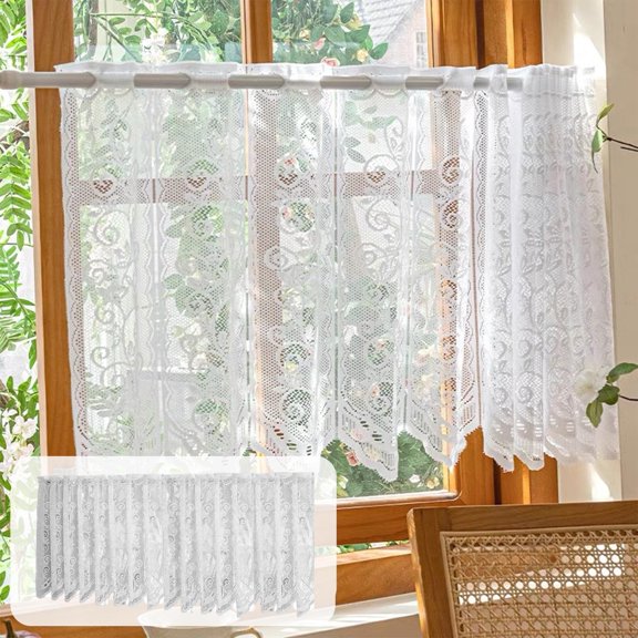 Floral Scroll Lace Sheer Curtain Valance 29.13W 39.37W x 23.62L Inch Rod Pocket Scalloped Trim Valance for Kitchen Bathroom