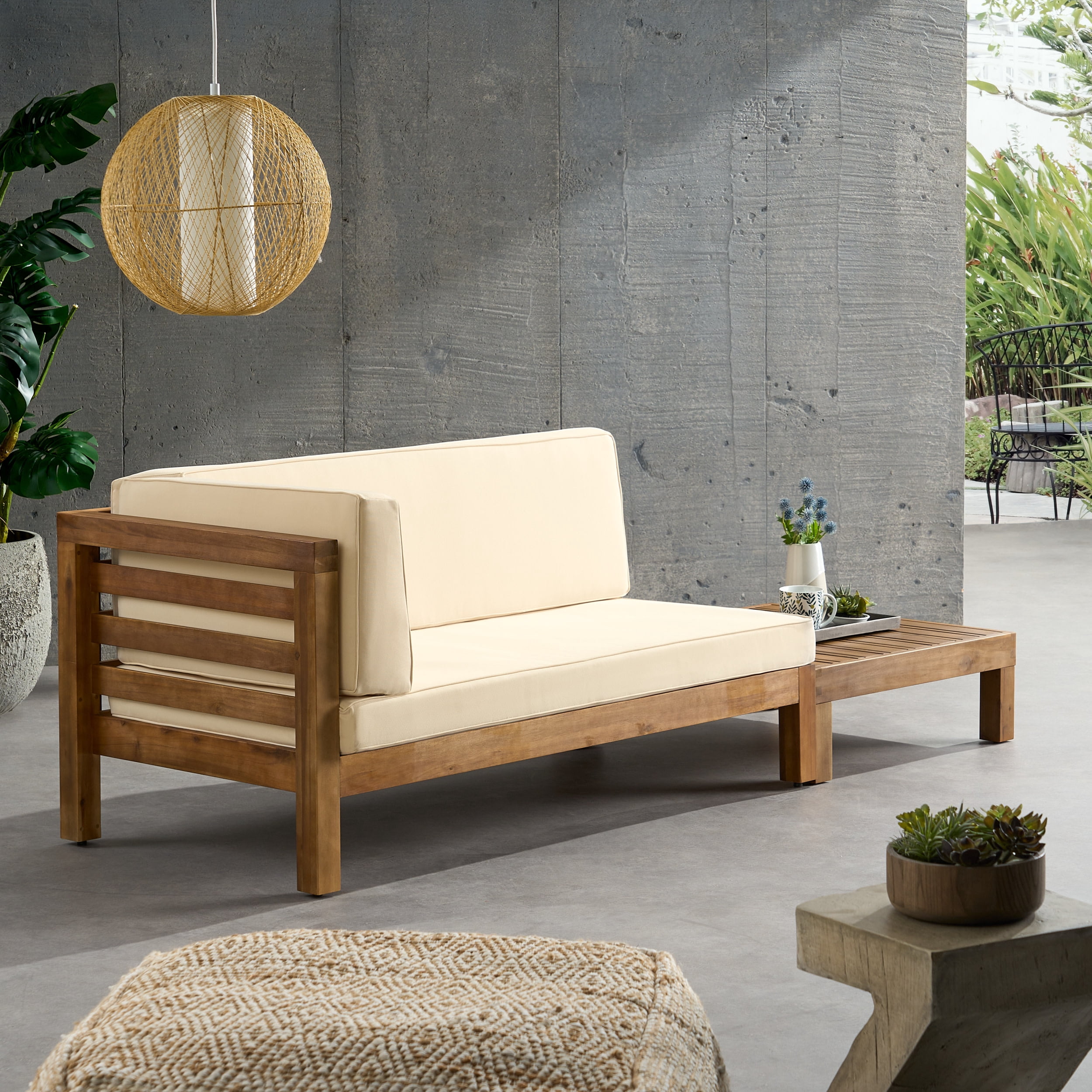 Kaena Acacia Wood Outdoor Left Arm Loveseat and Coffee Table Set with Cushion, Teak and Beige