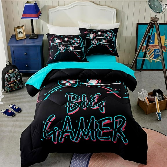 Seward Park Boys Twin XL Bedding Set with Sheet, Video Gaming Bed in a Bag for Kids Teen, Dorm Comforter Sets, Game Black 5 Pieces