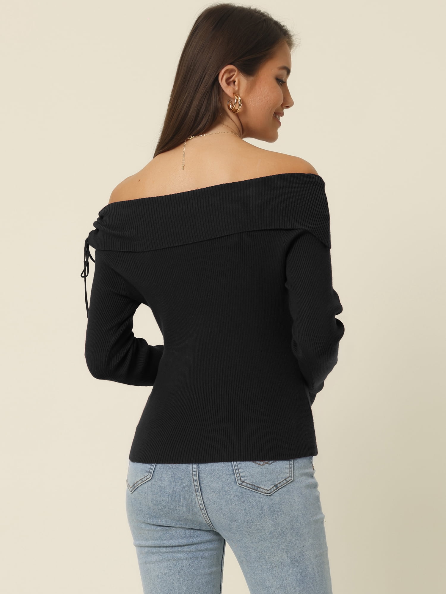 Unique Bargains Women's Off Shoulder Ribbed Knit Long Sleeve Solid Sweater Pullover Top XL Black