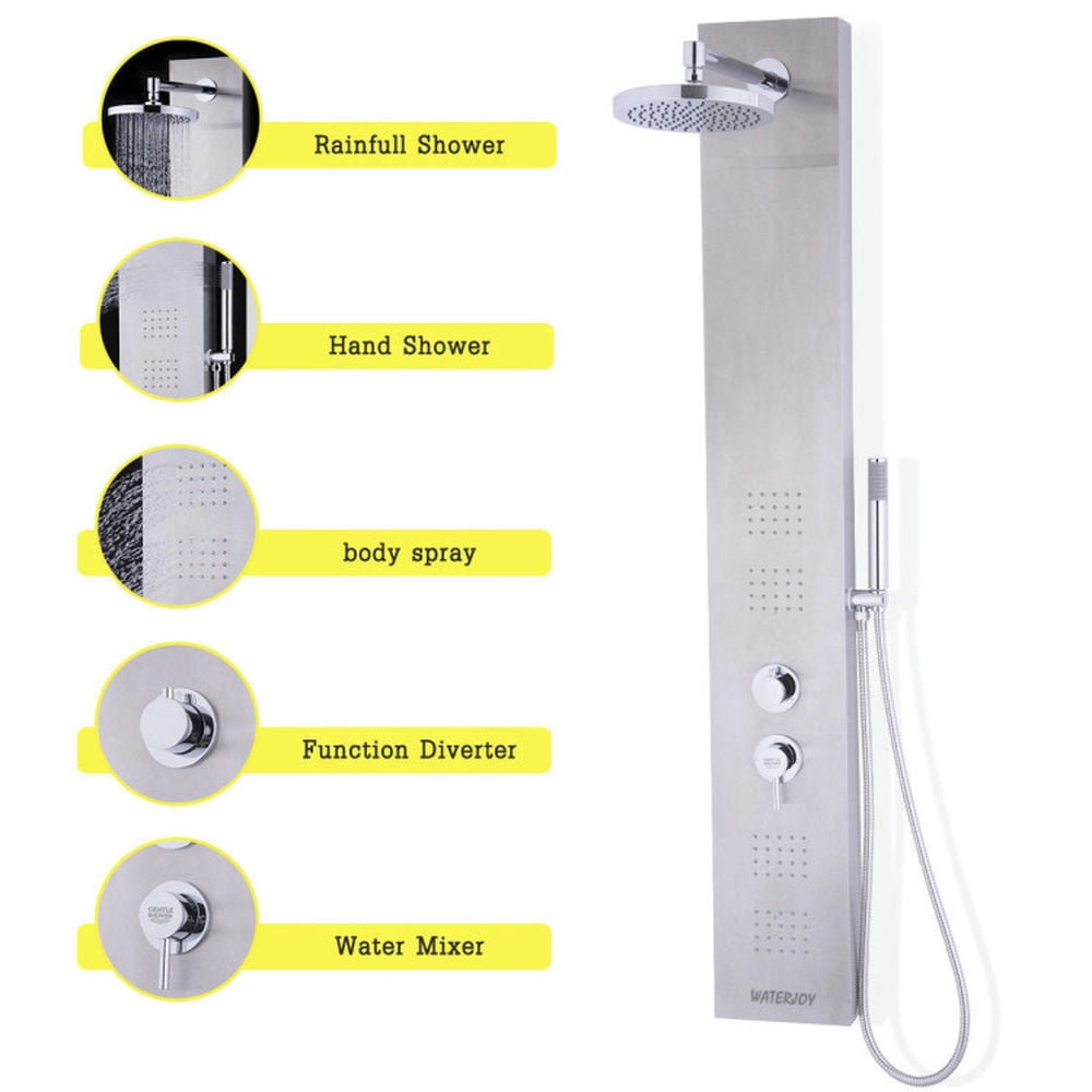 Finihen Shower Panel, Shower Panel Tower System, 55 Inch Brushed Stainless Steel Shower Panel with Hand Shower, Silver Finihen Shower Panel, Shower Panel Tower System, 55 Inch Brushed Stainless Steel Shower Panel with Hand Shower, Silver