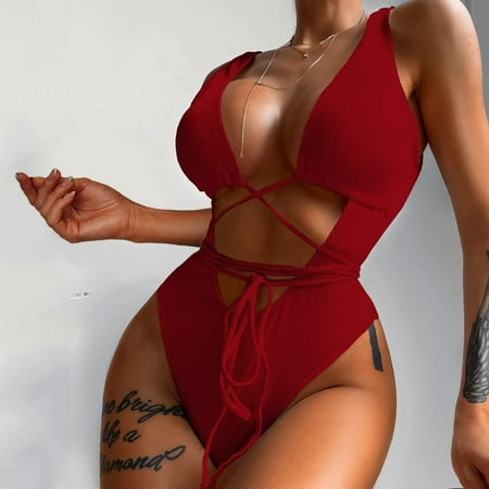 

Finelylove Womens Swimsuits Tummy Control Push-Up Sport Bra Style Bikini Red M