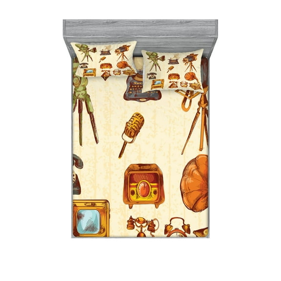 Ambesonne Vintage Fitted Sheet & Pillow Sham Set, Retro Old Technology, Queen, Cream and Pale Caramel