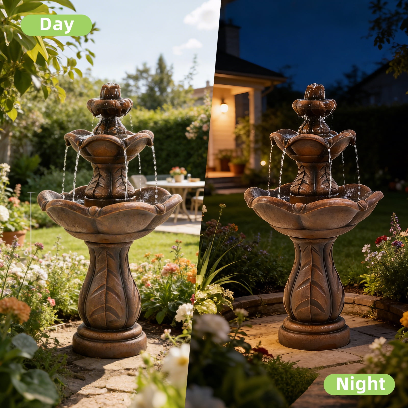 3-Tier Cascading Outdoor Water Fountain, Bird Bath Waterfall Fountain, Freestanding Fountain with Pump for Garden Yard