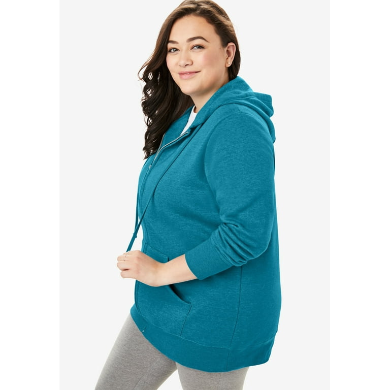 Woman Within Plus Size Better Fleece Zip-Front Hoodie Long Oversized  Sweatshirt - 5X, Deep Teal Green