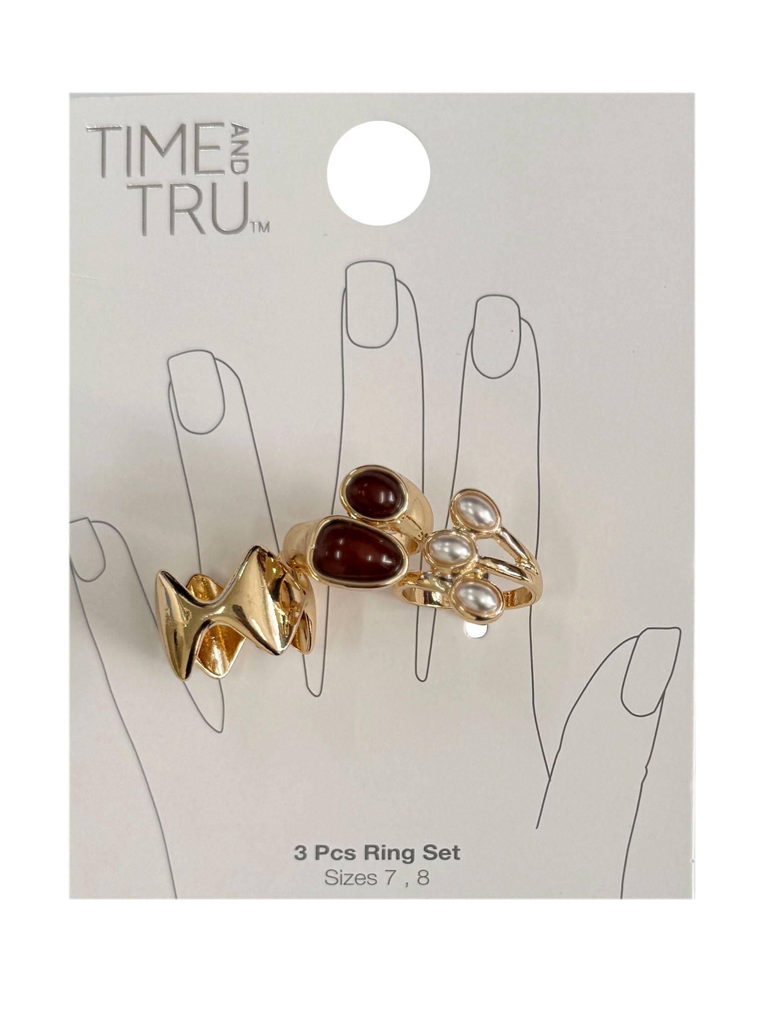 Time and Tru Pearl and Stone Rings Brown in Gold Plating for Female Adults and Teens, 3 Pack