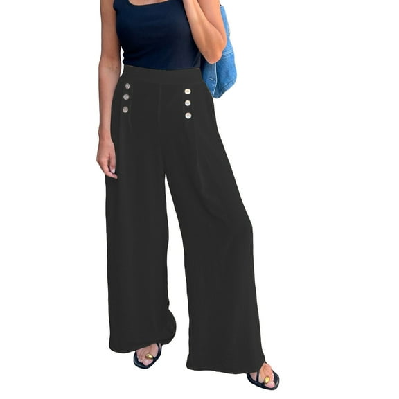 Charmgo Womens Lounge Pants Women's Casual Wide Leg Pants High Elastic Waisted In The Back Business Work Trousers Long Pants With Pocket Trouser Pants Palazzo Pants for Women Black L