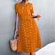 thumbnail image 3 of Vestido estampado lunares de verano, amarillo, manga corta, cinturón, cuello redondo, botón delantero, talla M, 3 of 6