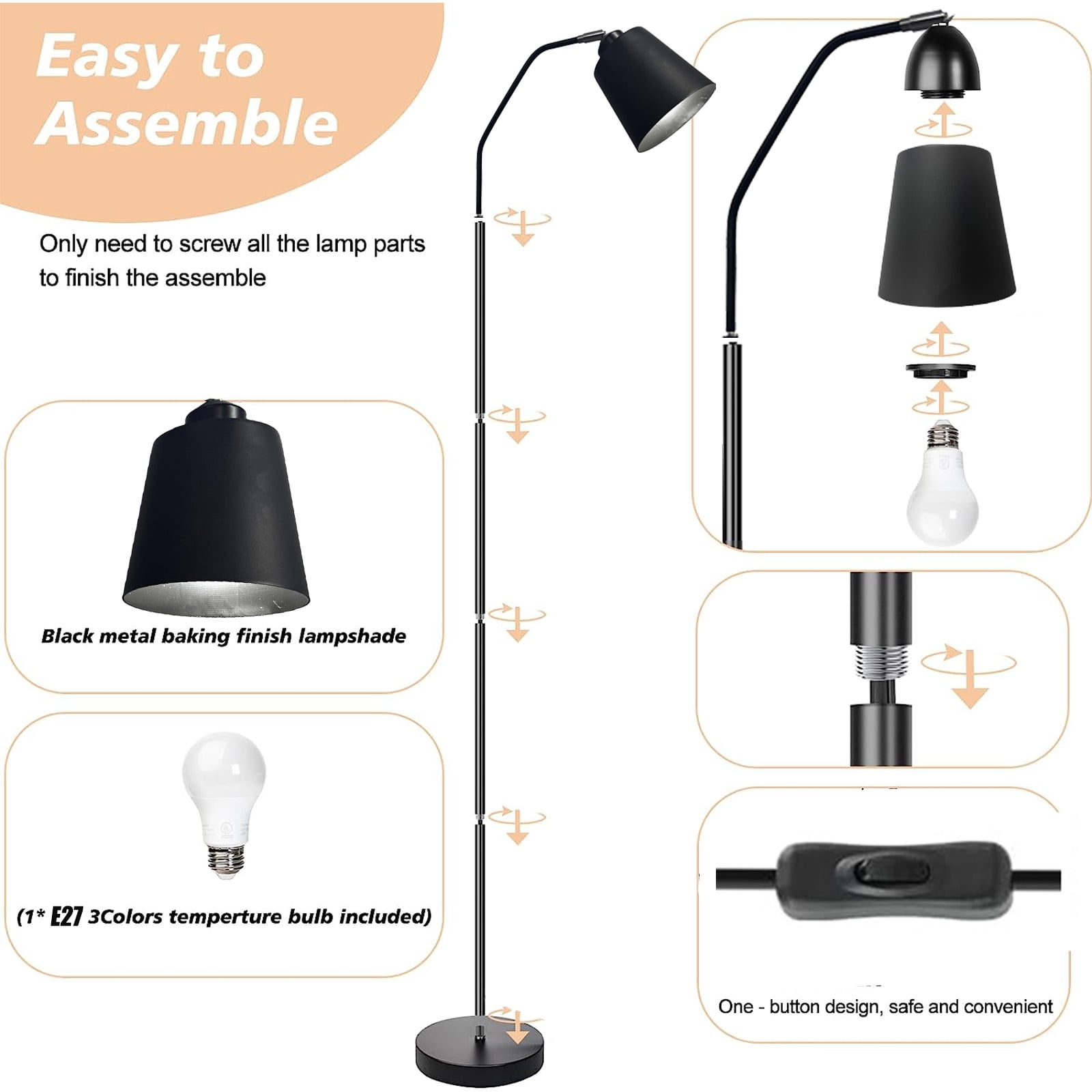 SUSUZI 60 inch Black Floor Lamp for Bedroom Living Room, Modern Dimmable Standing Lamps - Bulb Included