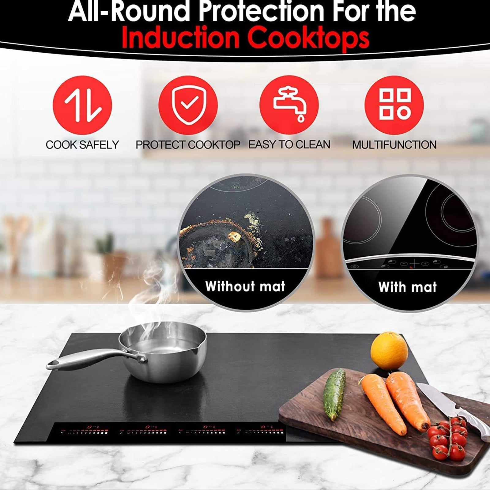 Induction Cooktop Protector Mat, Food-Grade Silicone Induction Cooktop Mat, Anti-Scratch Cooktop Protector for Glass/Ceramic Stoves, 35.4 x 21.2 inch