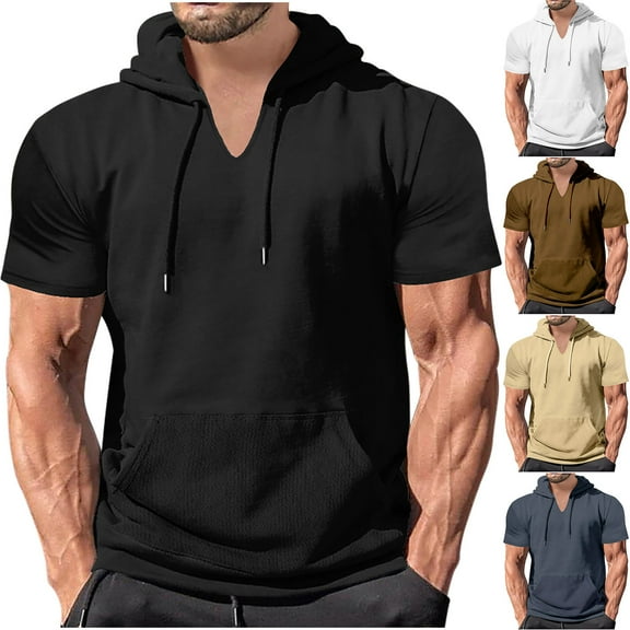 SEAOPEN Men's Short Sleeve Hoodie Lightweight Pullover Summer Casual Hooded Sweatshirts Today Black,XL