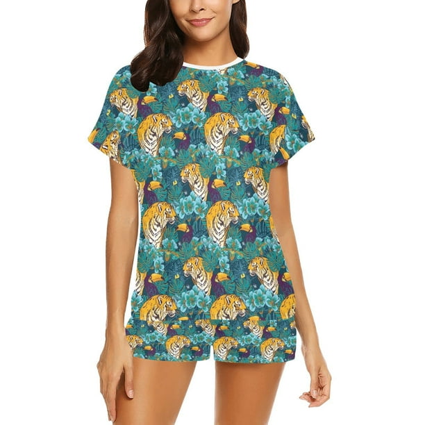 Conjunto de pijama corto para mujer con estampado tropical de tigre LKS301