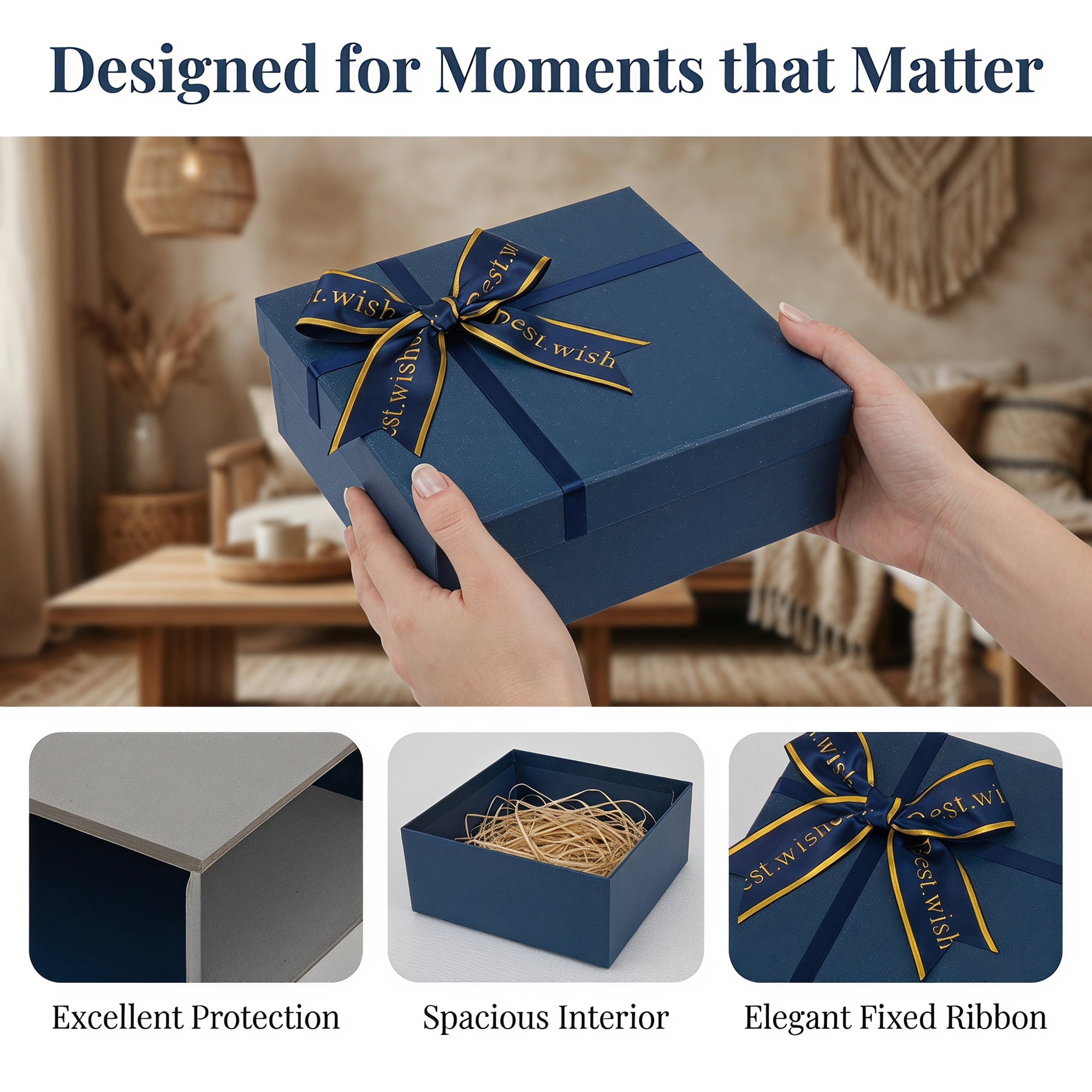 Unique Bargains Elegant Bow Print Ribbon Gift Box Blue 7.9"x7.1"x3.1"