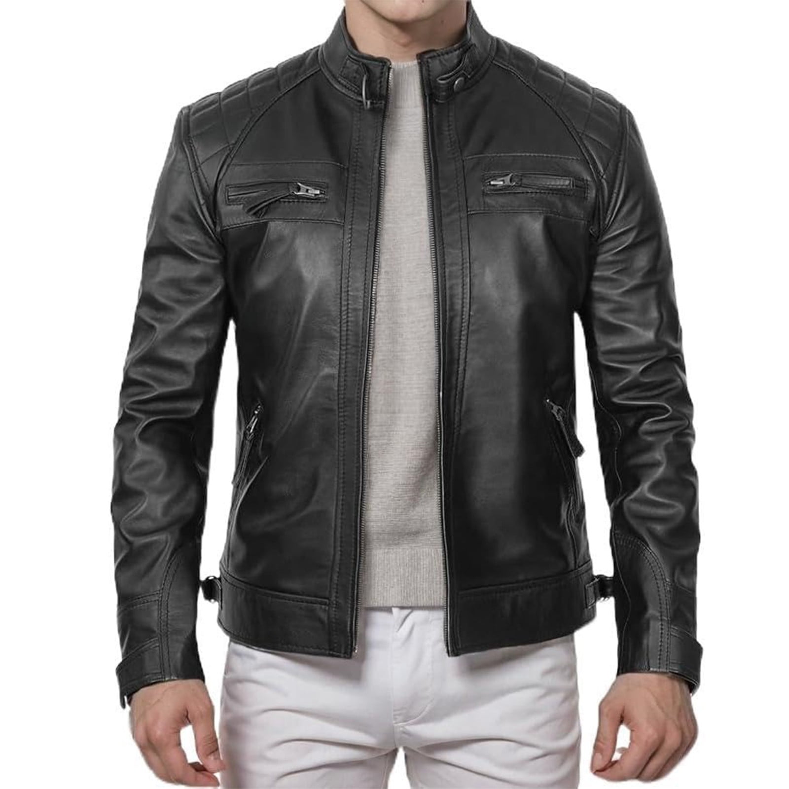 IYTR Men's Real Leather Jacket Black Motorcycle Biker Jacket Classic Zipper Stand Collar Outwear Slim Motorcycle Jacket Black L