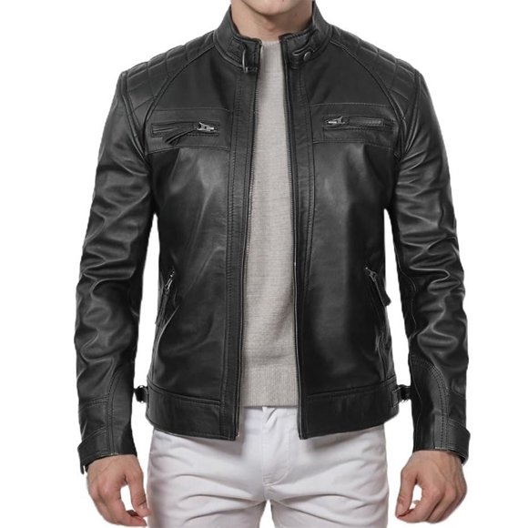 Men's Synthetic Leather Motorcycle Jacket, Stand Collar Punk Biker Coat with Multiple Pockets - Warm Polyester Lined Riding Jacket for Winter Casual Wear