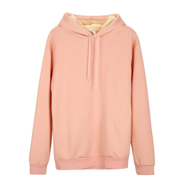 Women's Warm Lamb Wool Hoodie Solid Color Round Neck Long Sleeve Threaded Drawstring Casual Sweatshirt for Autumn Winter