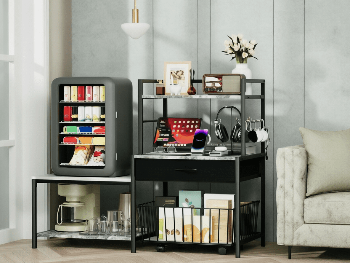 Mini Fridge Stand with Storage, Mini Refrigerator Stand with Movable Storage Basket