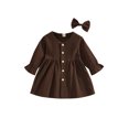 thumbnail image 1 of FOCUSNORM Ensembles d'Automne 2 Pcs pour Tout-Petites Filles, Robe à Col en V Boutonnée + Nœud pour Cheveux, 1 of 9