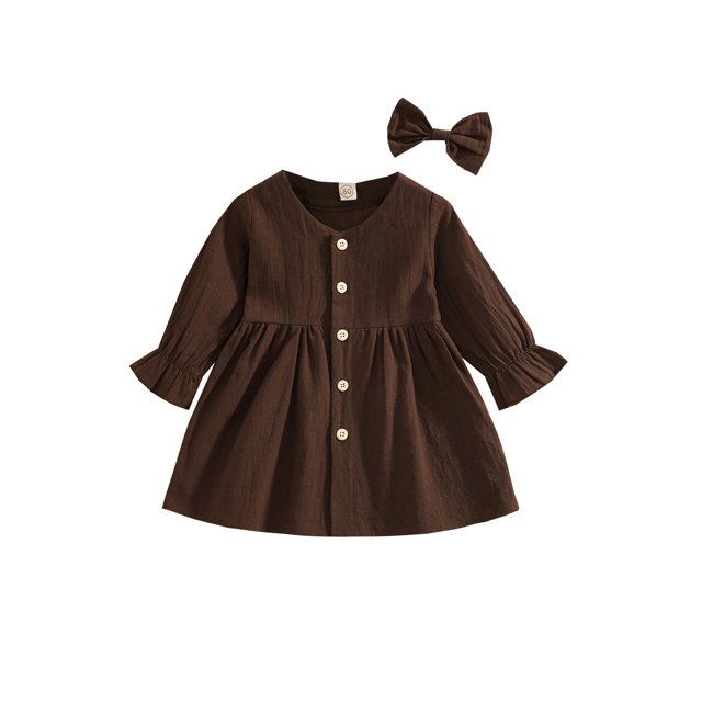 FOCUSNORM Ensembles d'Automne 2 Pcs pour Tout-Petites Filles, Robe à Col en V Boutonnée + Nœud pour Cheveux