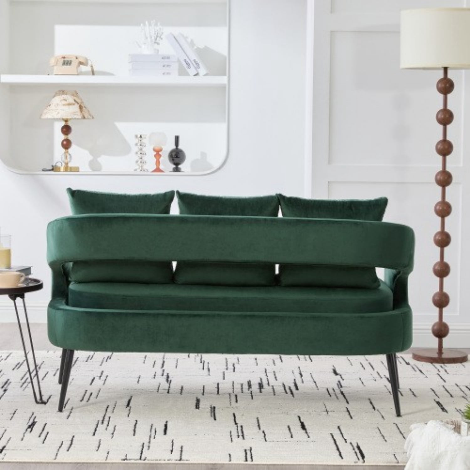 53.7" Modern Velvet Loveseat Sofa 2 Seater Upholstered Mini Couch with Open Back, Metal Legs and 3 Pillows for Living Room Bedroom Office Dorm Apartment, Green