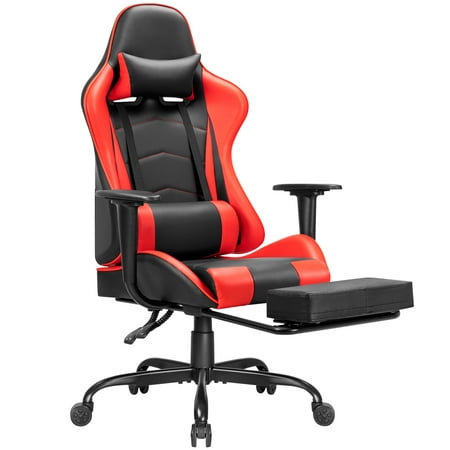 Lacoo High Back Gaming Chair PU Leather Adjustable Height Racing Chair with Lumber Support Ergonomic Gaming Chair with Reversible Footrest and Headrest, Red